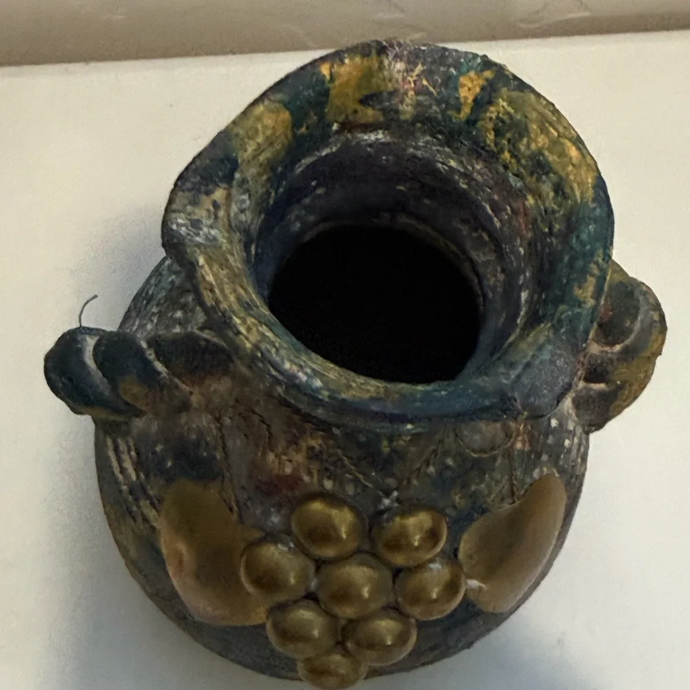 Pottery Vintage Vase Brass and Copper Accents Loop‎ Handles Primitive Folk Art